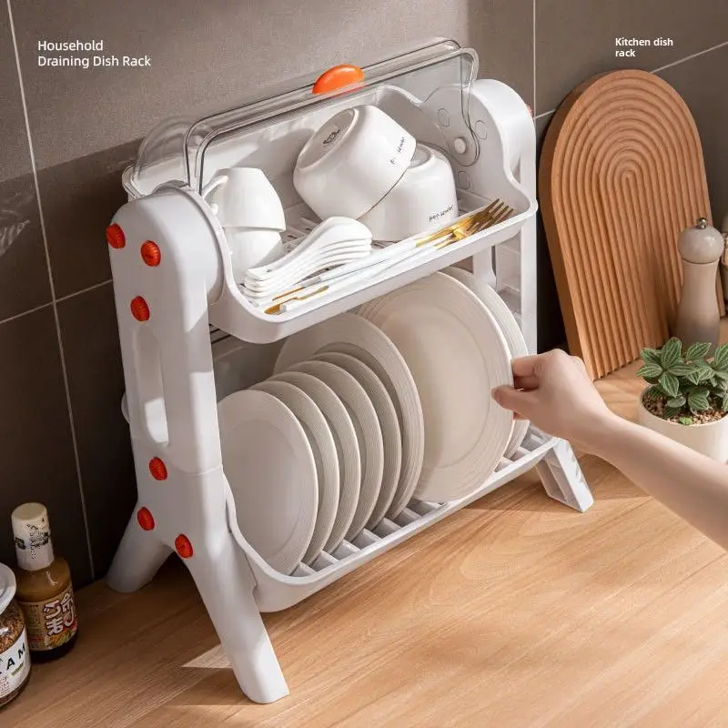 Kitchen Double Layer Cupboards Utensil Storage Box Plastic with Lid Dish Tray Drain Bowl Rack Storage Shelf