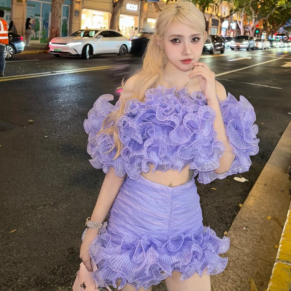 Robe de bal deux pièces en maille à volants, épaules dénudées, taille haute, Mini robe d'été pour femmes, tenue de soirée plissée en Tulle