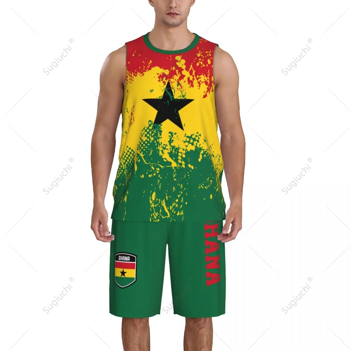 Team-Up Ghana Flag Graan Heren Basketbal Jersey Set Shirt & Broek Mouwloze Aangepaste Naam Nunber Exclusief