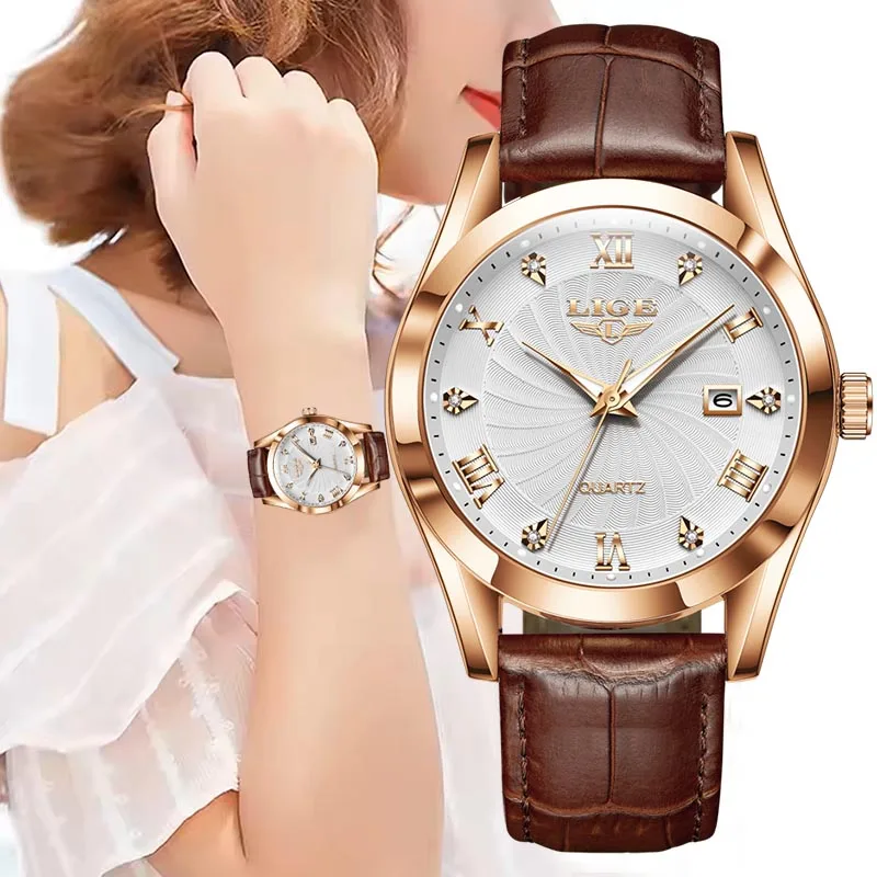 

LIGE Fashion Genuine Leather Watch For Women Casual Waterproof Women's Bracelet Watch Outdoor Sport Luminous Quartz Ladies Watch