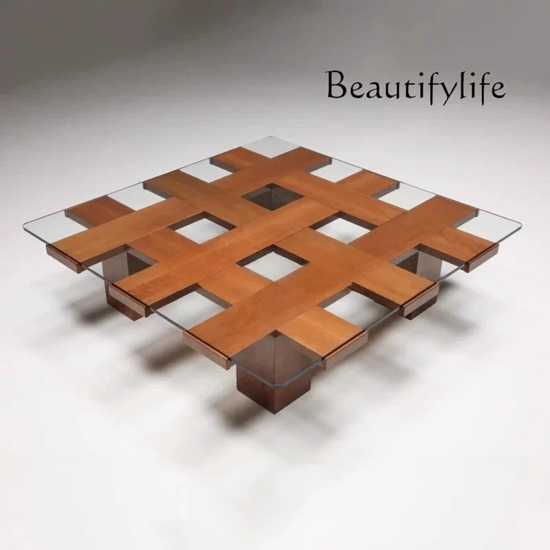 

yB Medieval style solid wood square glass coffee table French retro designer high sense home coffee table art