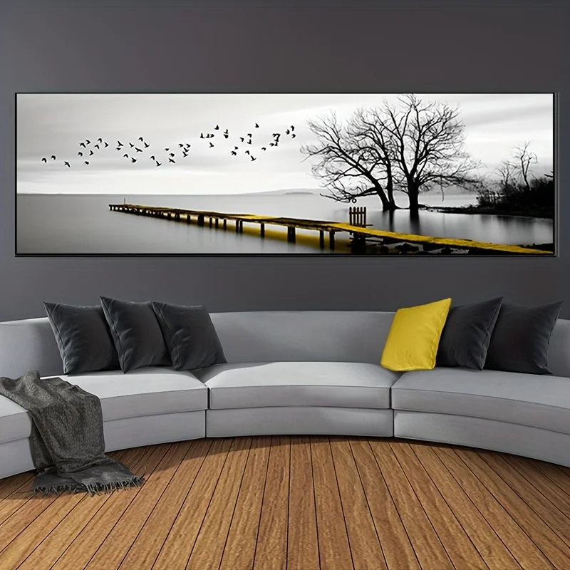 

Landscape Calm Lake Golden Long Bridge Tree Scene Canvas Painting for Modern Wall Art Living Room Bedroom Home Decor No Frame