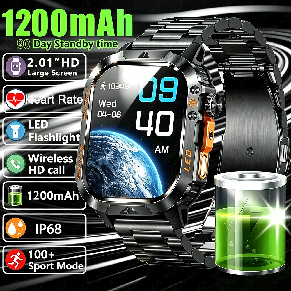 

New Professional Outdoor Smart Watch Men Flashlight 1200MAH IP68 Waterproof Military Sport Tracker Bluetooth Call Smartwatch Men