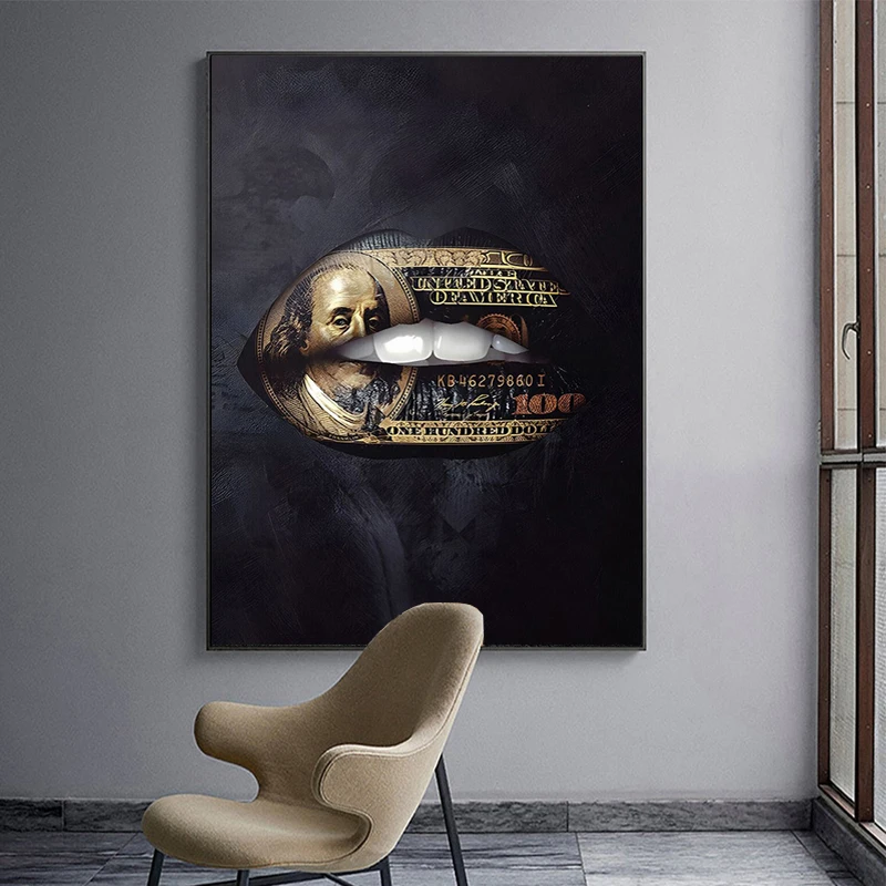 Earth Money Mouth Canvas Painting With Frame Black Woman Lips Poster Modern Wall Art Prints Living Room Home Decoration Picture