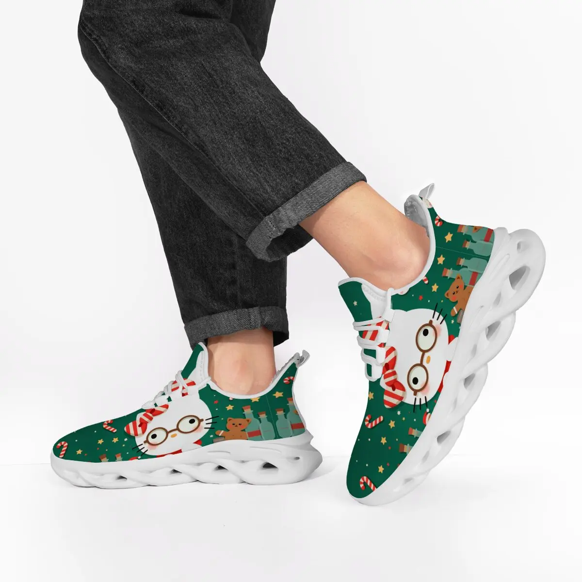

Man Running Shoes Men's Sneakers Fleece Lined Casual Shoes with Cute Cat Glasses Christmas Candy Canes Gingerbread Zapatillas