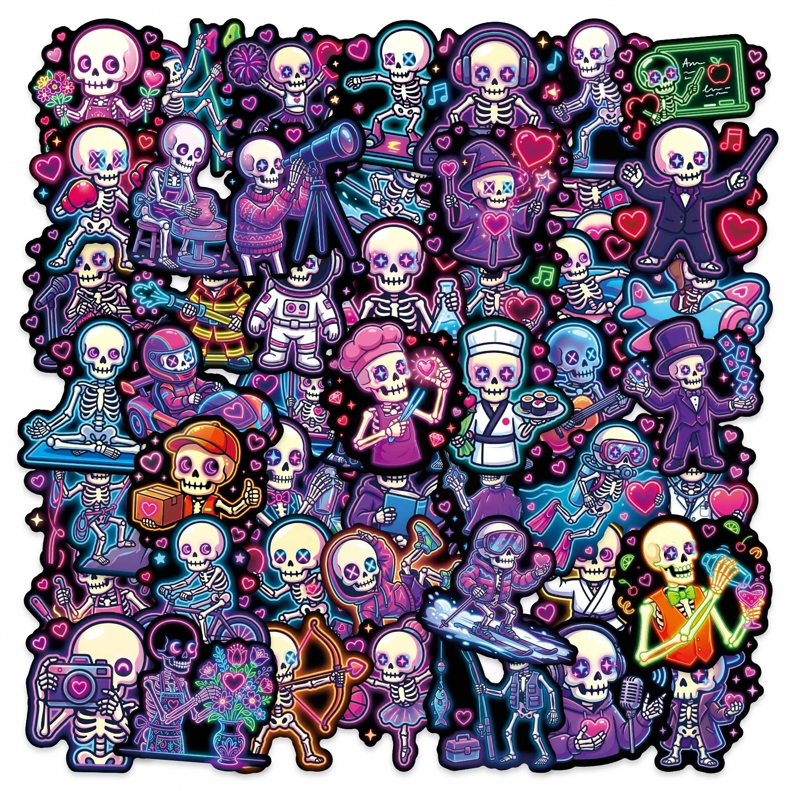 50/100PCS Cartoon Neon Skull Love Stickers Creative Purple Strange Skull Face Decoration Stickers