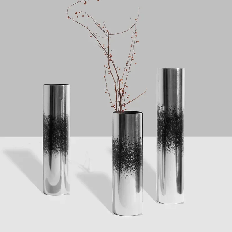 Light luxury bonsai metal cylindrical stainless steel inkjet flower device, restaurant model room sales office