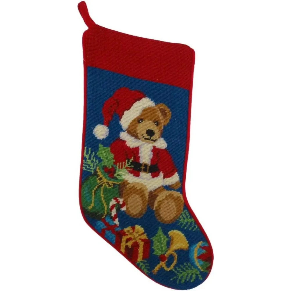 Teddy Bear with Presents Needlepoint Christmas Stocking - 11 Inch x 18 Inch Wool Decoration