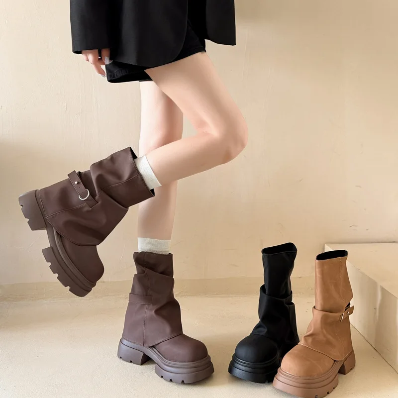 

Winter Vintage Belt Buckle Women Knight Boots Fashion Metal Slip on Shoes Ladies Concise Thick Heeled Pipe Short Booties Female