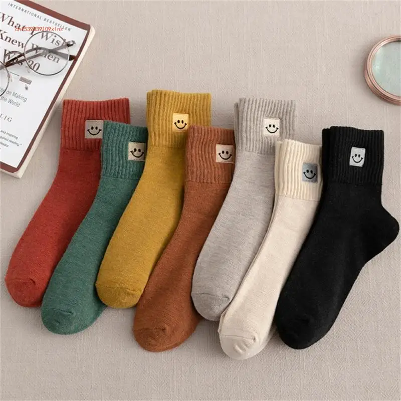 Women Cotton Socks Novelty Funny Smiling Face Embroidery Casual Breathable Skateboard Ankle Length Socks Streetwear