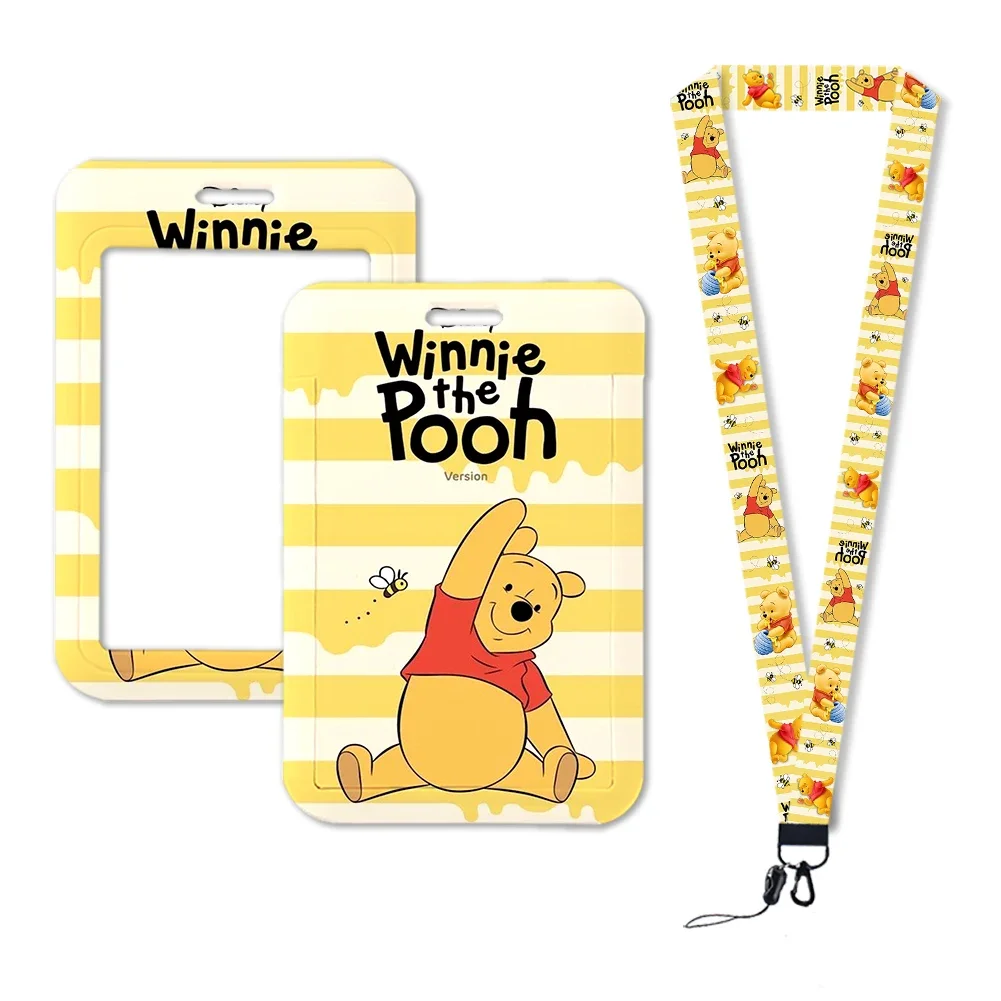 Soporte de tarjeta de identificación con cordón, llavero, soporte de insignia de negocios, correa para el cuello, funda de tarjeta de estudiante, funda de tarjetas de dibujos animados para niños, Winnie Pooh