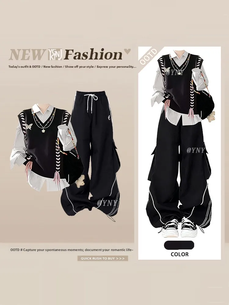 

Elegant Knot V-Neck Knitted Sweater Vest Women's White Shirt Winter Sports Pants Three-Piece Set High Waist Long Pants
