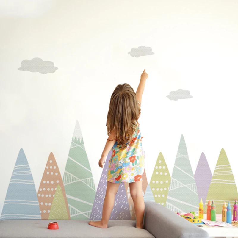 Cartoon Colored Decorated Mountain Wall Stickers for Kids Room Living Room Nursery Home Decor Self-adhesive Fabric Mural Decals