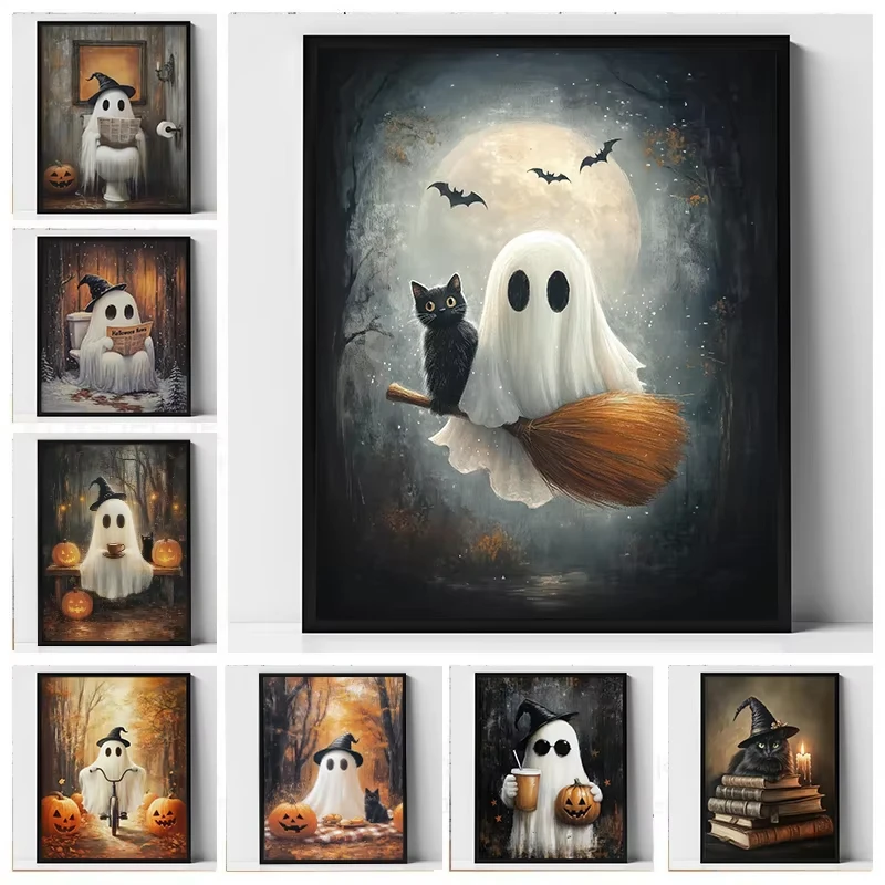 Niedliches Geister-Schwarzkatzen-Ölgemälde nach Zahlen, Malen nach Zahlen für Erwachsene, Anfänger-Leinwand, Halloween-Wandkunst, Heimdekoration, Geschenk