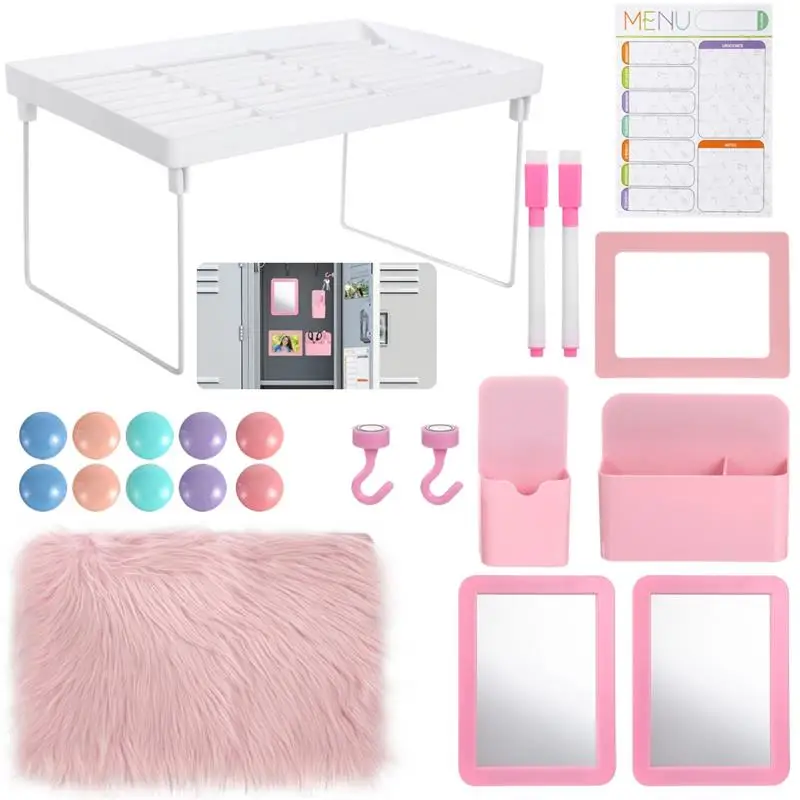 22Pcs Locker Organizer Kit Pink Locker Accessories Locker Organizing Decor Locker Shelf With Fluffy Rug Adsorptive Mirror Box