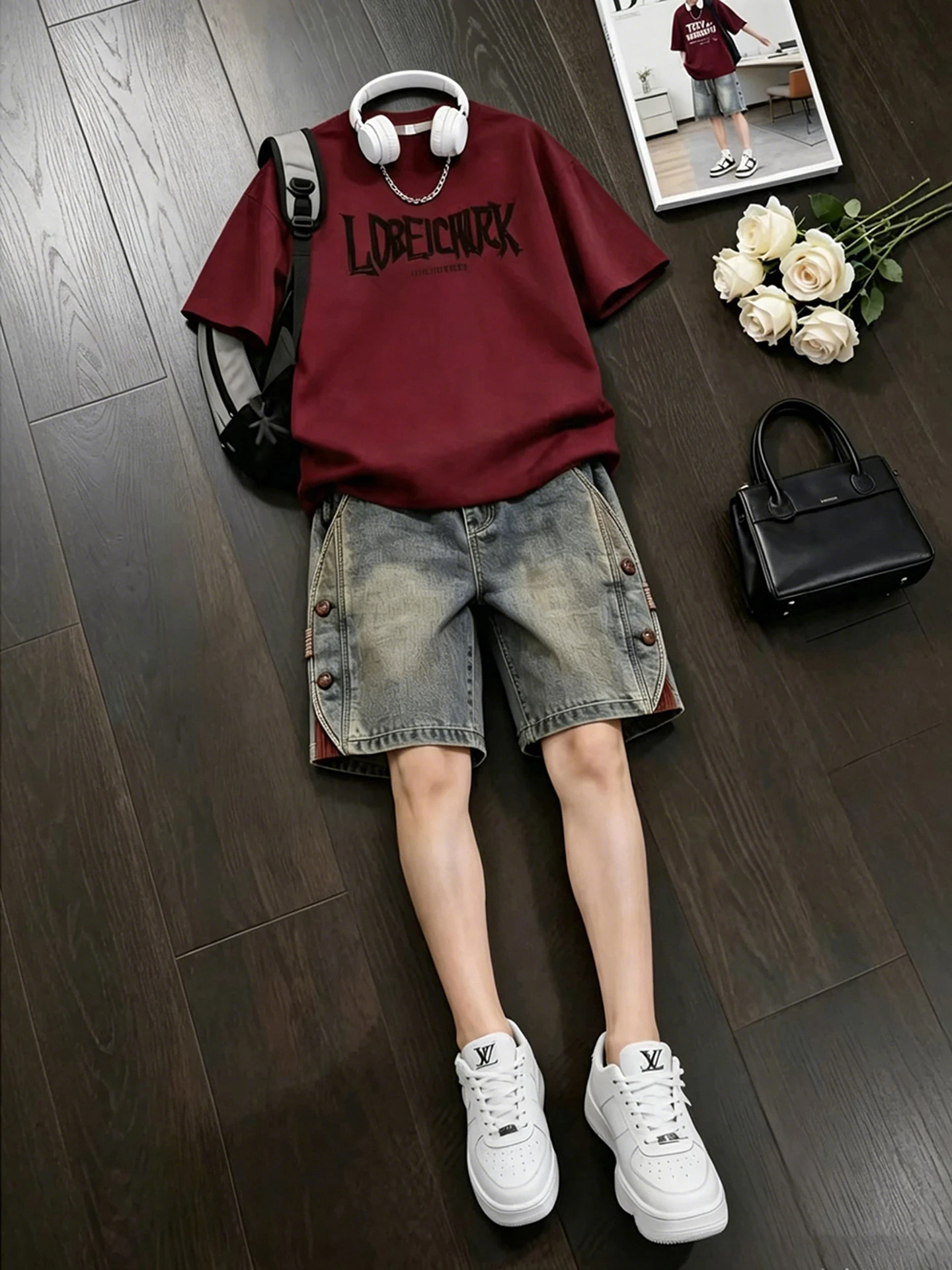 赤ワインカラーの純綿半袖tシャツとショートパンツのセット-メンズ-夏用-薄手-アメリカンワークウェア-ツーピース-カジュアルスポーツウェアセット