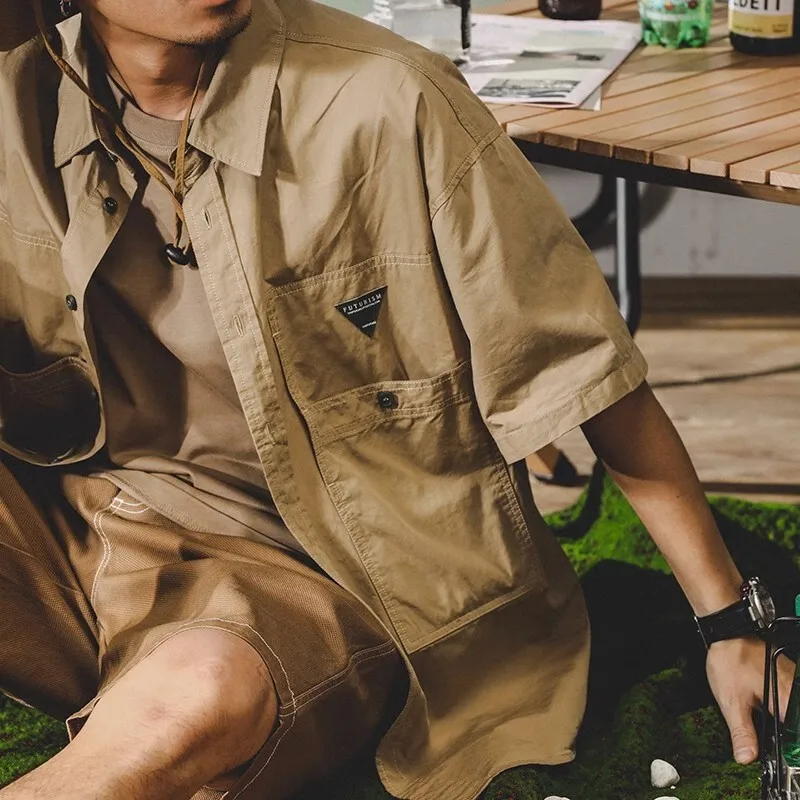 Summer Men's American Work Short Sleeved Shirt Elegant Turn Collar Loose Male Blouse Shirt