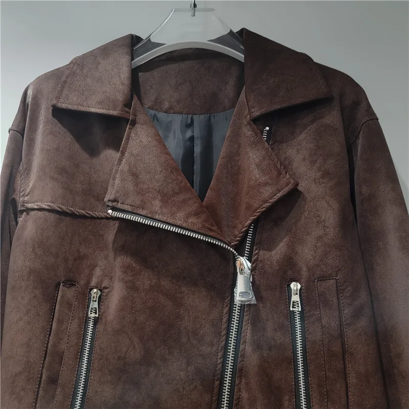 WTHT Vintage Mode Damen PU Leder Motorrad Kurze Jacke 2025, Sommer Trendy Lange Ärmel Zipper Mantel Weiblich 1LS2124