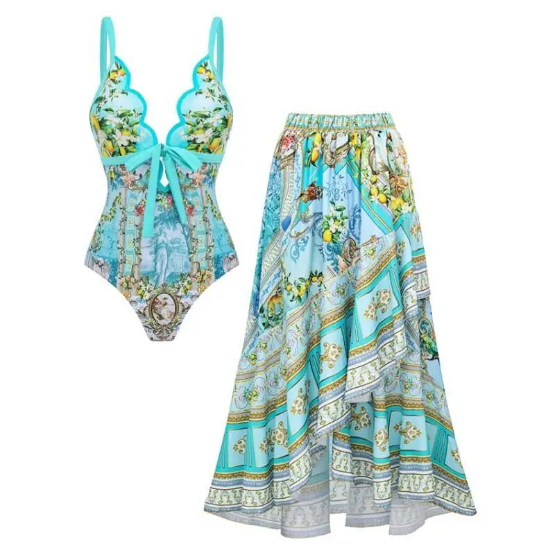 

Flaxmaker 2026 Laser Cutout Lemon & Rococo Print Swimsuit Set(s) Women Summer Sexy V Neck Sleeveless Party Swimsuit And Skirt