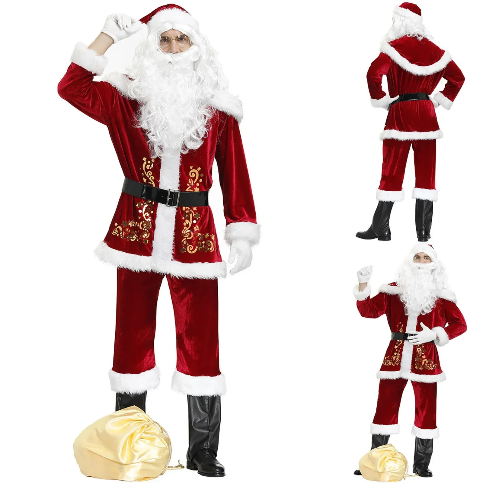 Christmas Santa Claus Costume Cosplay Santa Claus Clothes Fancy Dress In Christmas Men 8pcs/lot Costume Suit For Adults hot