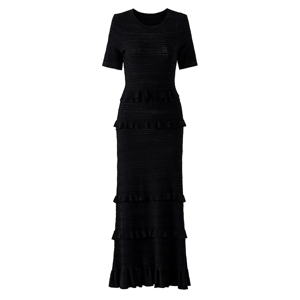 Saia personalizada de manga curta com decote redondo e bordas com babados elegante vestido de malha com cintura