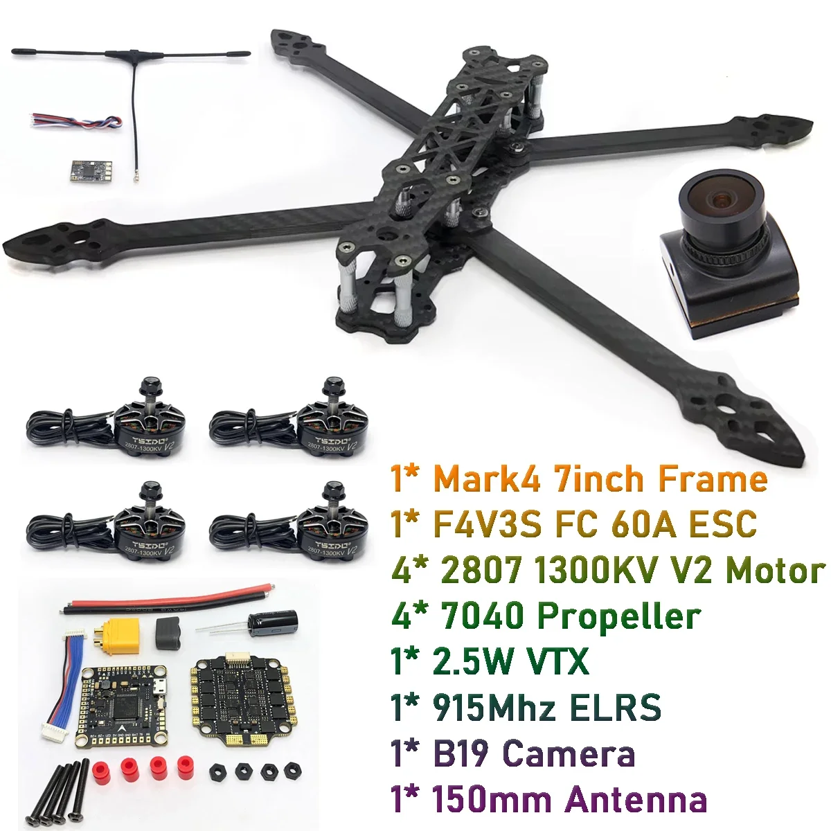 MARK4 7inch FPV Drone Frame Kit 2807 1300KV Brushless Motor F4 FC 60A ESC 7040 Propeller 2.5W VTX Camera ELRS FPV Drone DIY Part