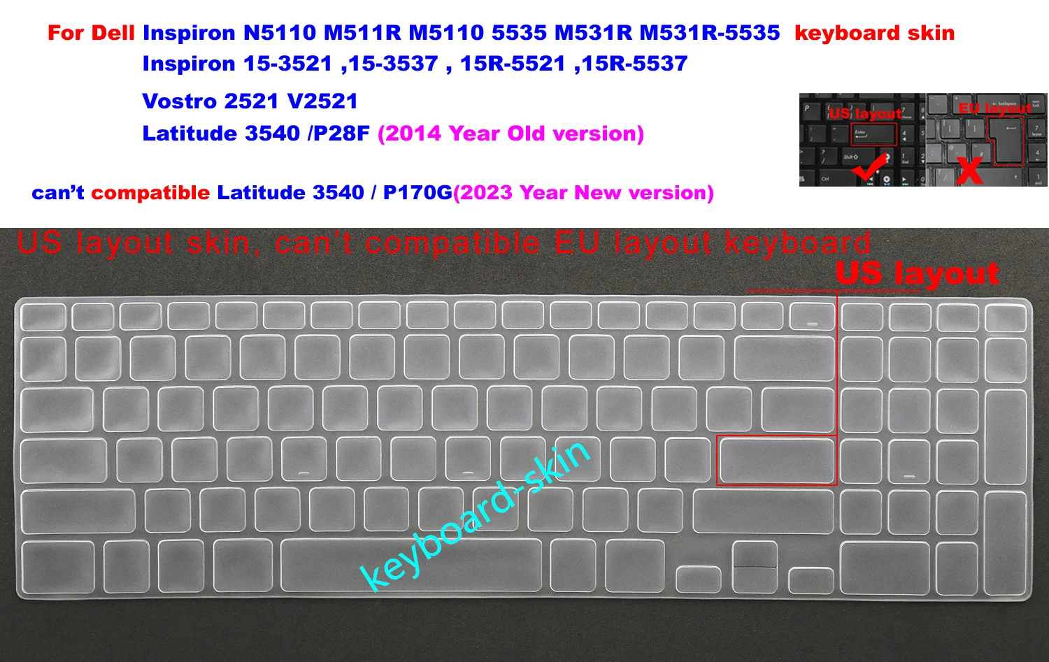 

US Keyboard Skin Cover for Dell Inspiron N5110 M511R M5110 M531R 15-3521 3537,15R-5521,15R-5537 Vostro 2521 Latitude 3540 P28F