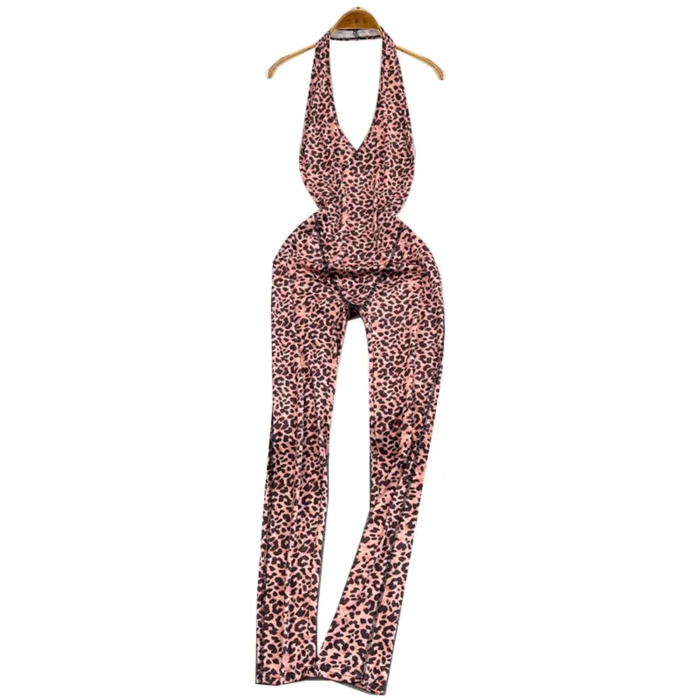 Foamlina American Ins Hot Sexy Deep V-neck Leopard Print Jumpsuit Women\'s New Tight Slim Girl\'s Bodycon Backless Trousers