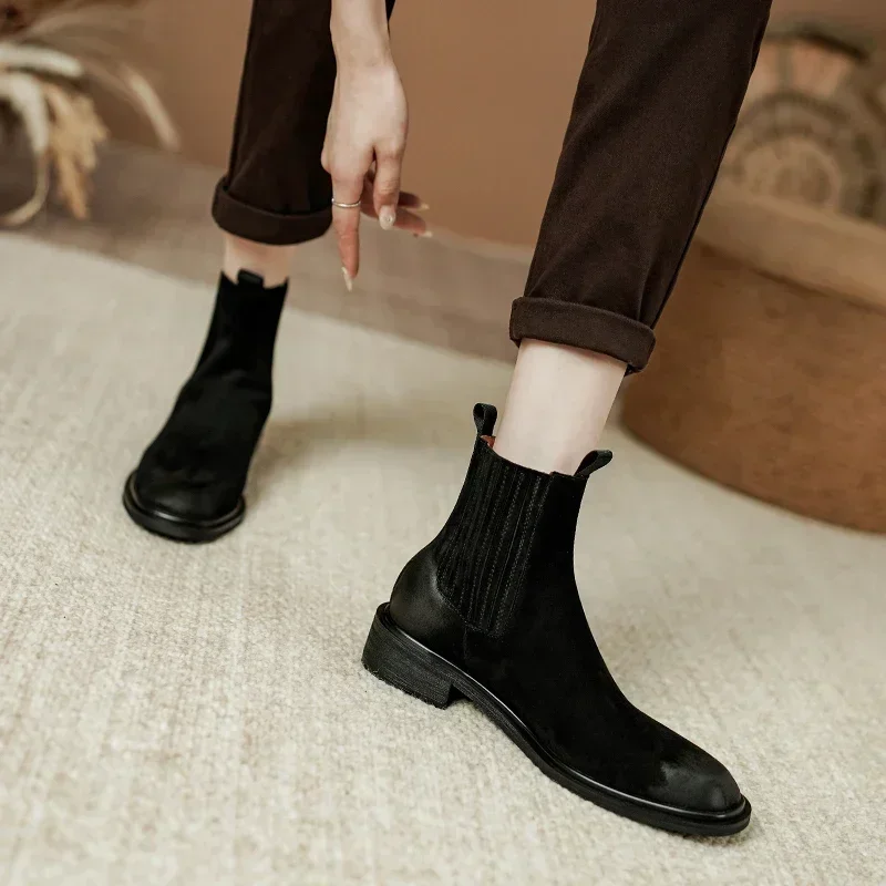 2024 nowe damskie jesienne botki brązowe Chelsea Boots z prawdziwej skóry damskie buty zimowe Retro botki skórzane buty damskie