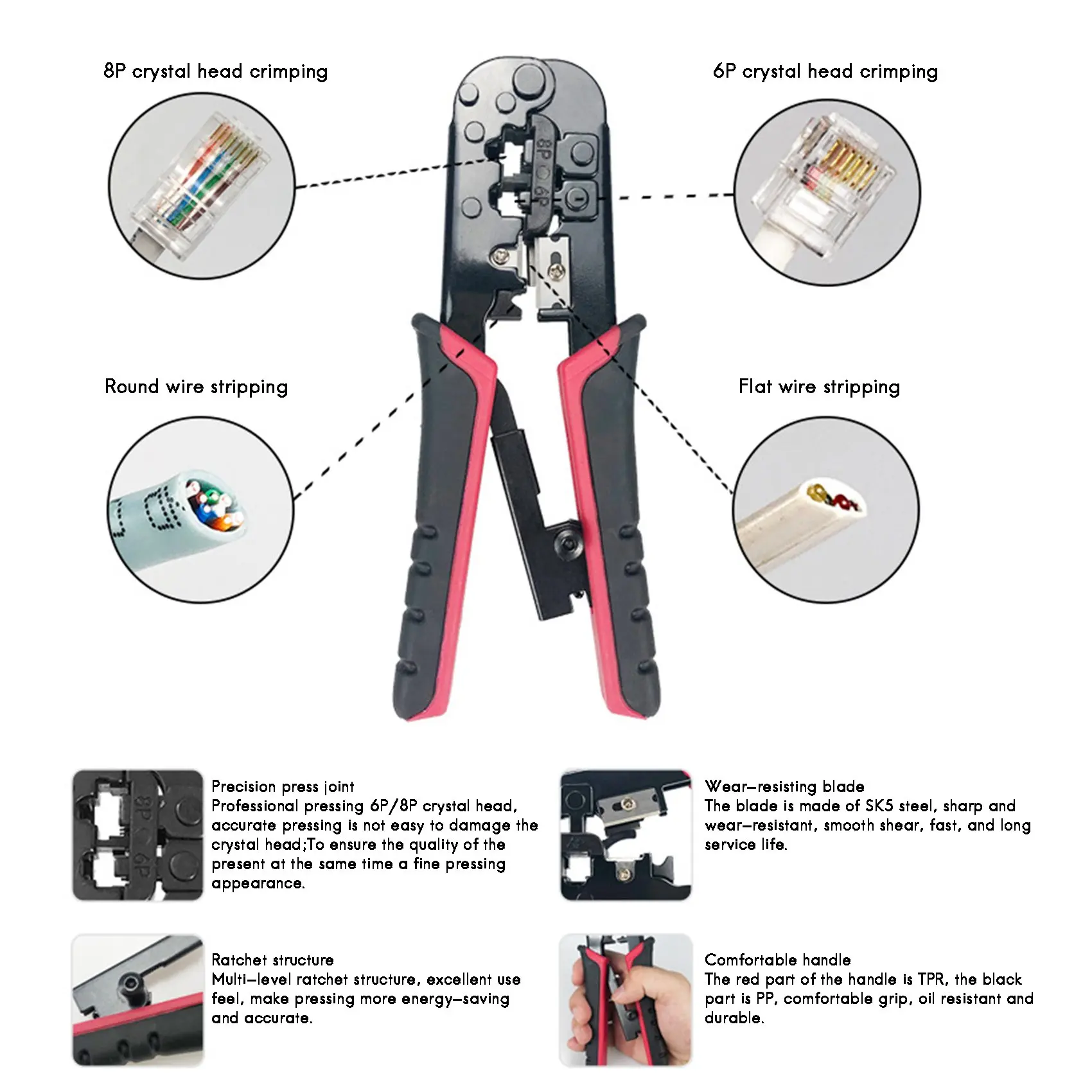 RJ45 RJ12 Network Crimper 8P 6P Crimping Tools RJ45 Tool Stripper Crimping