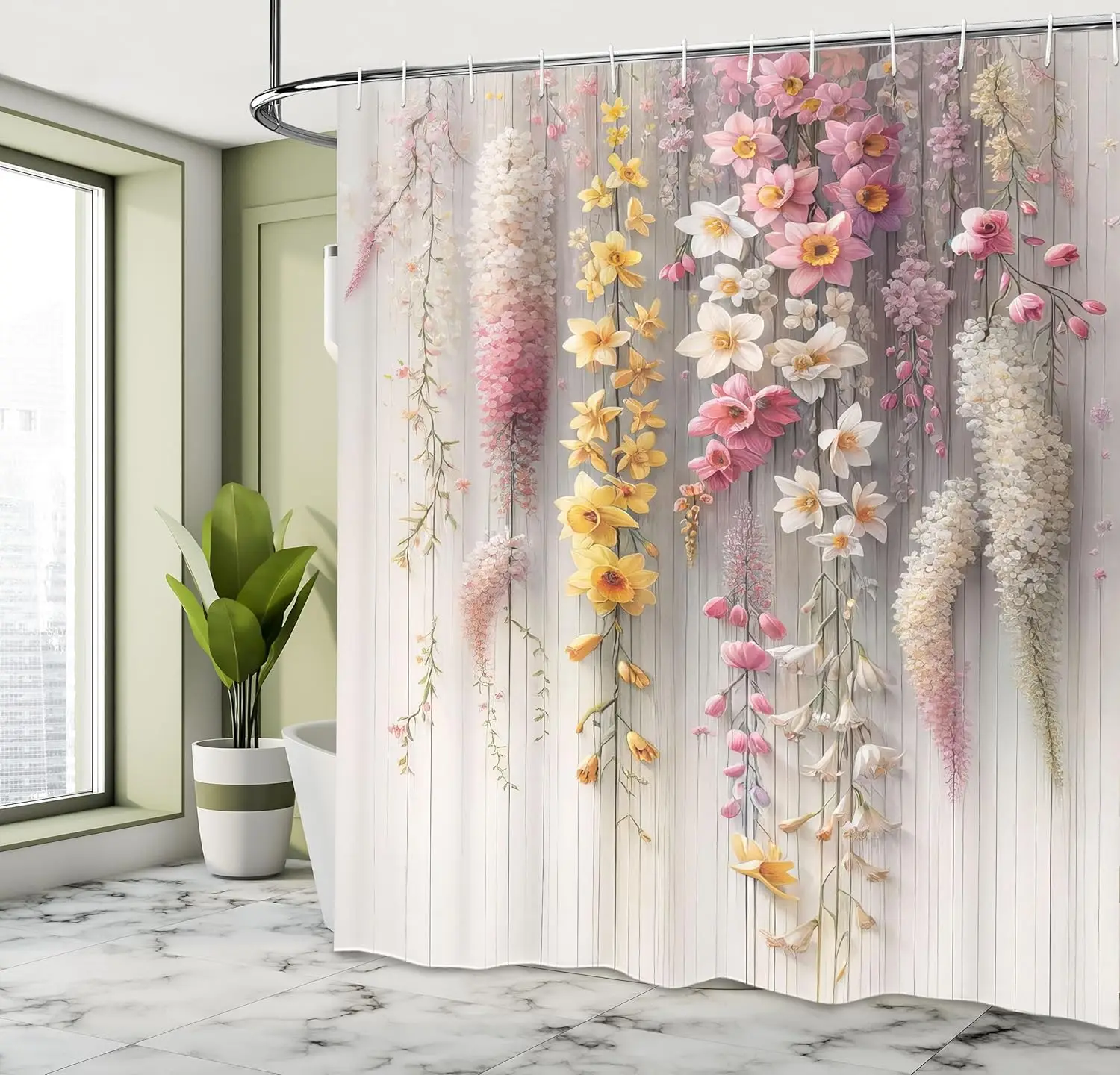 Spring Shower Curtain Delicate Romantic Creeper Mesh Flowers Cascade Neutral Theme Blush Yellow Pink Bathroom Decor Hooks