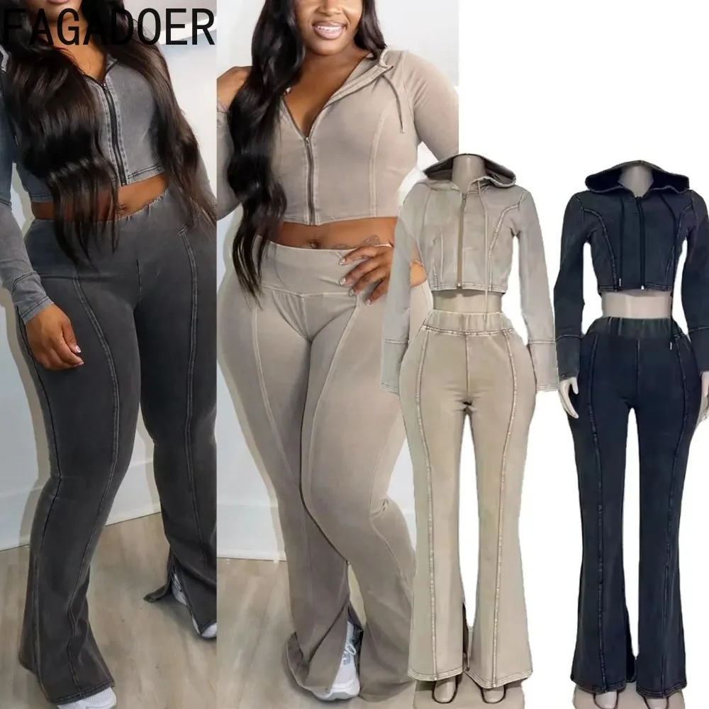 FAGADOER Quality 2 Piece Sets Women Outfit Fashion Zip Hooded Patchwork Jacket + Stretchy Flare Pants Suit Streetwear Autumn New