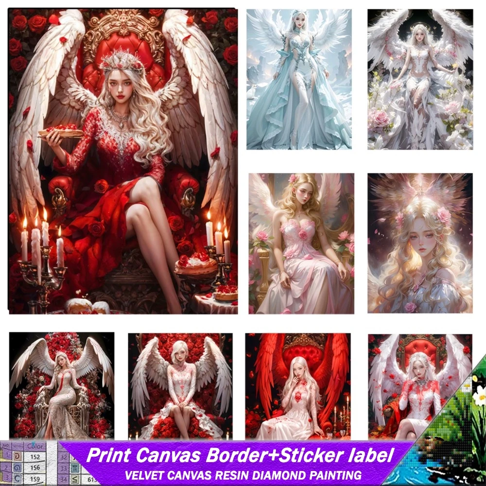 Painted Red Series Winged Angel Girl 5D DIY Resin Diamond Painting With Stickers And Canvas Edge Picture Mosaic Embroidery Decor