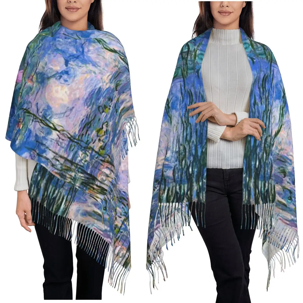 

Шарф с водяной лилией, Клод Моне, 1916 г., шарфы с кисточками для женщин, мягкие теплые шали и накидки, длинная осенне-зимняя шаль