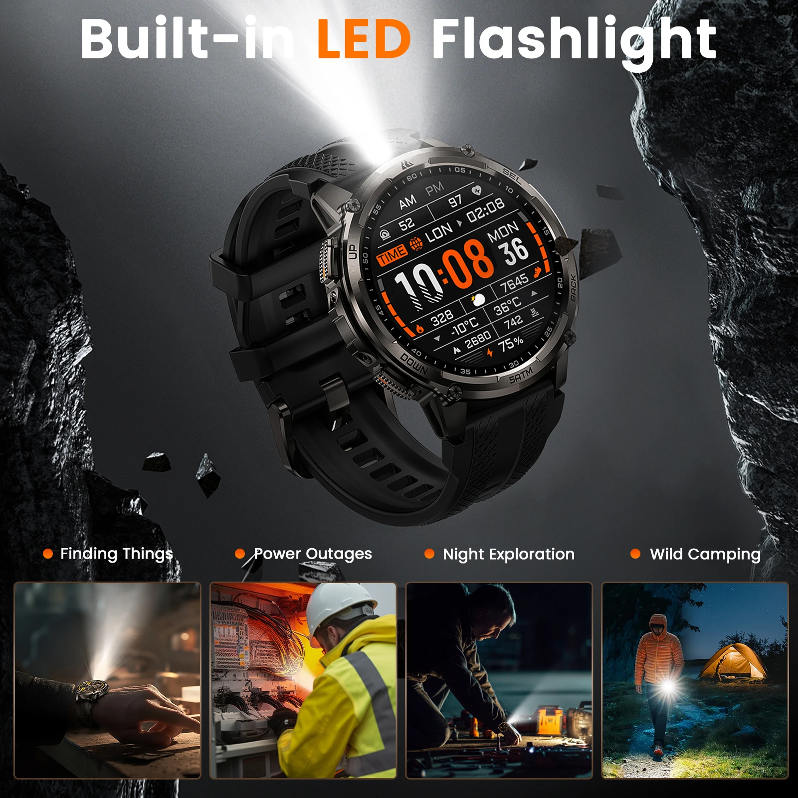 2026 KOSPET TANK T4C 5ATM Wodoodporny smartwatch dla mężczyzn Wytrzymała konstrukcja w stylu militarnym z GPS, wbudowaną latarką i monitorowaniem stanu zdrowia — zdjęcie produktu 2