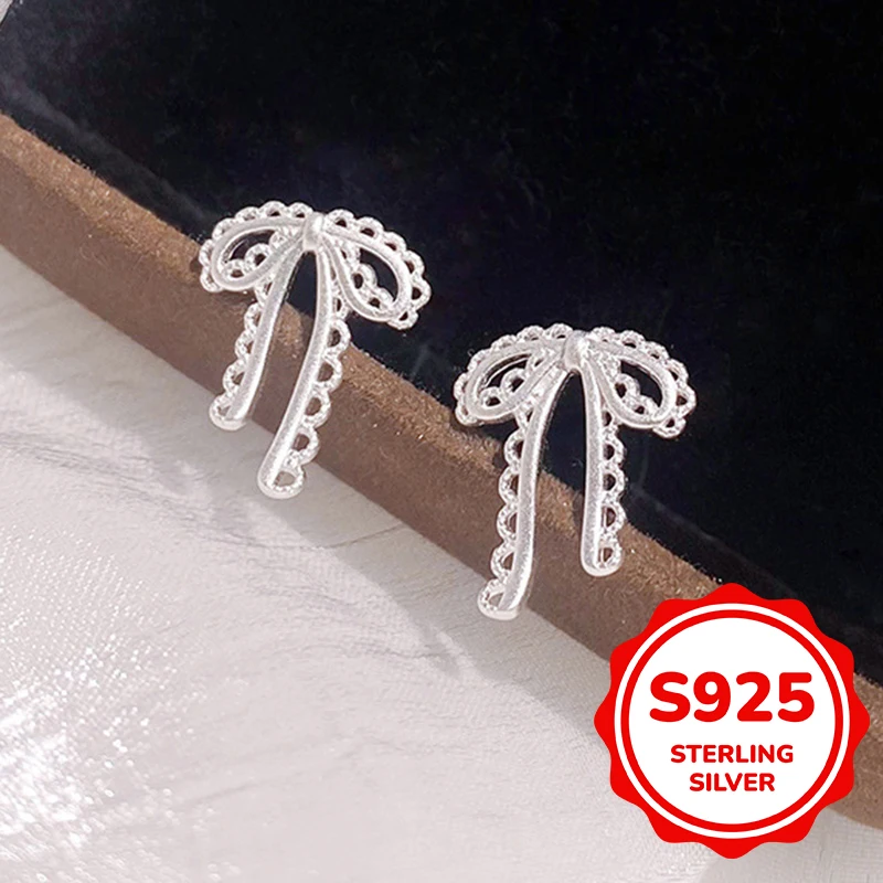 

s925 sterling silver earrings for women with niche bow earrings exquisite lace thread ribbon screw ball earrings