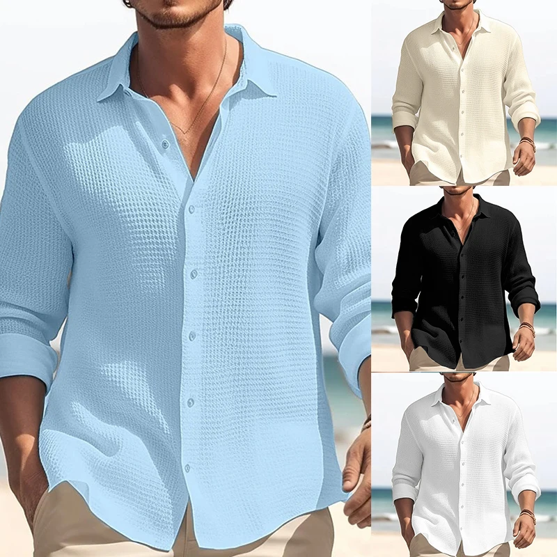 

Men's Casual Lapel Single Breasted Solid Color Long Sleeved Shirt Spring And Autumn New Youth Beach Shirt Loose Top Man Clothes