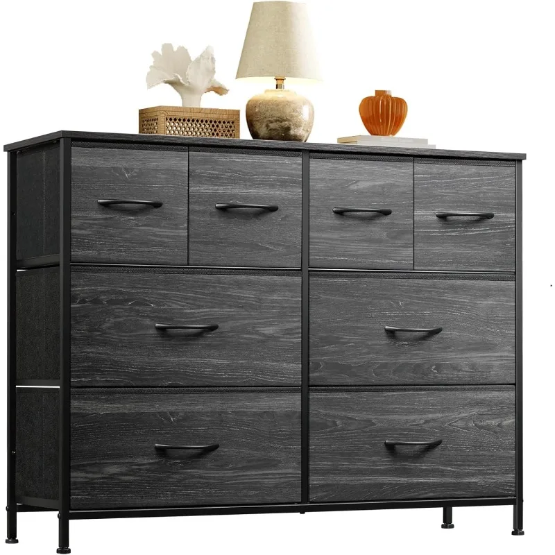 

Wide cloth dresser with 8 drawers for storage and organization, bedroom dresser, charcoal black wood grain print