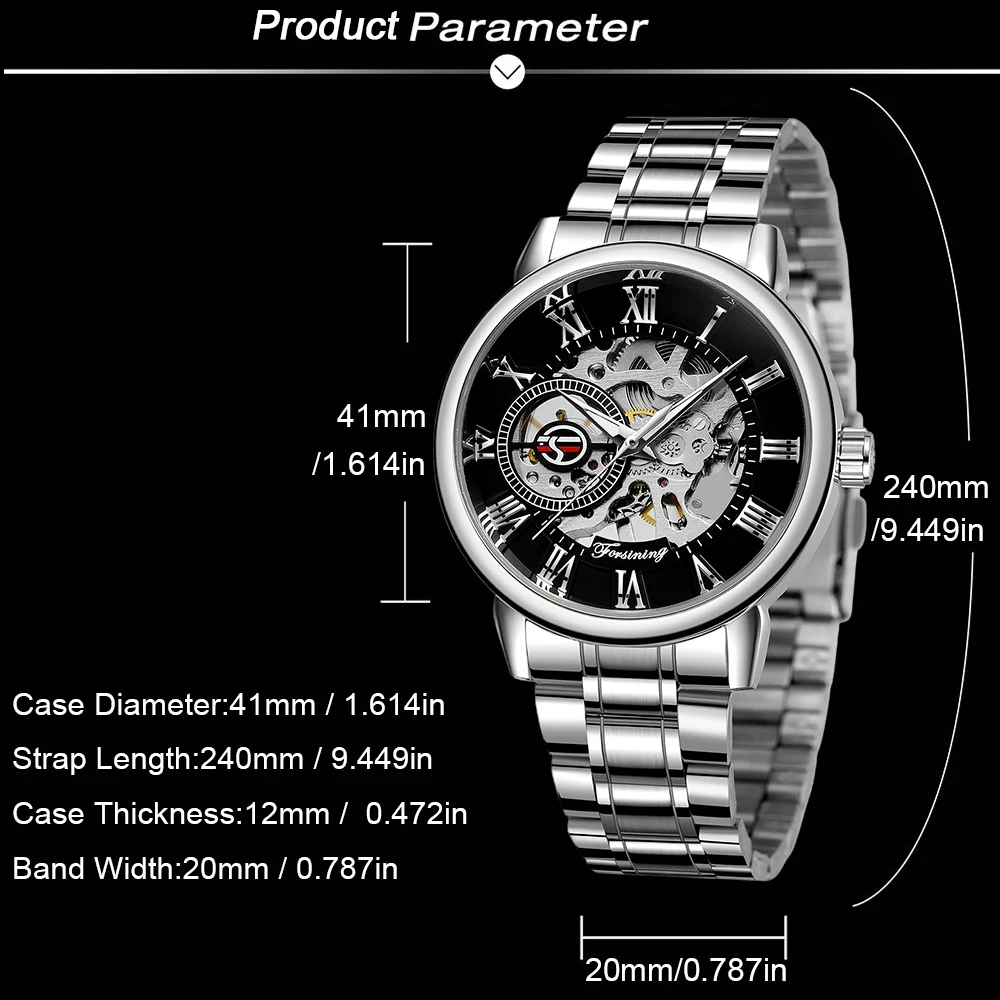 FORSINING классические полые мужские часы с гравировкой, механические наручные часы из нержавеющей стали, римские цифры, светящиеся указатели, часы-скелетон