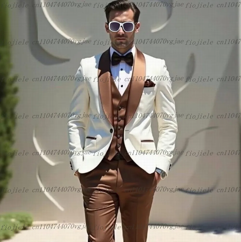 

Новый мужской костюм из ацетатного сатина белого и коричневого цветов для свадьбы, торжественных мероприятий, жениха и шафера, комплект из 3 предметов: пиджак, жилет, брюки