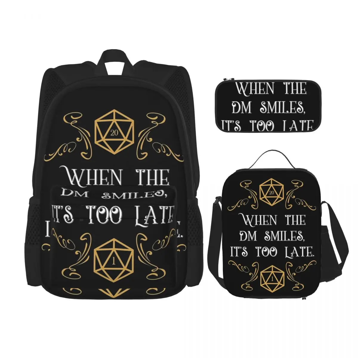 

When The Master Smiles It Amp's Too Late 20 Sided Dice Backpacks Bookbag School Bags Rucksack Lunch Bag Pen Bag Three-Piece Set