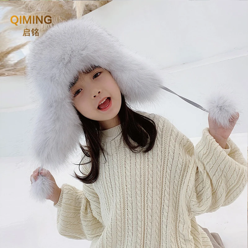 Fox Fur Hat Boy Girl Cap Winter Ear Protection Warm Children Leather Bomber Hats Fur Hat Winter Real Raccoon Fluffy Russian Hat