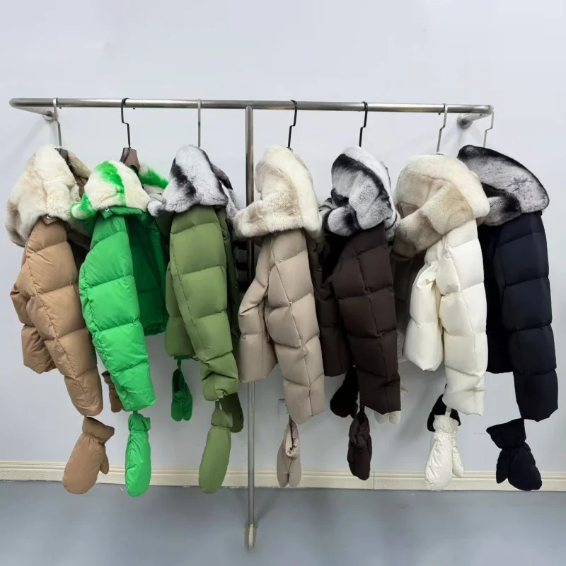 Winter 2025, Damen-Daunenjacke mit Kapuze und großem Pelzkragen, Y2K, hochwertiger, modischer, lässiger, dicker, warmer Gänsedaunenmantel mit Handschuhen