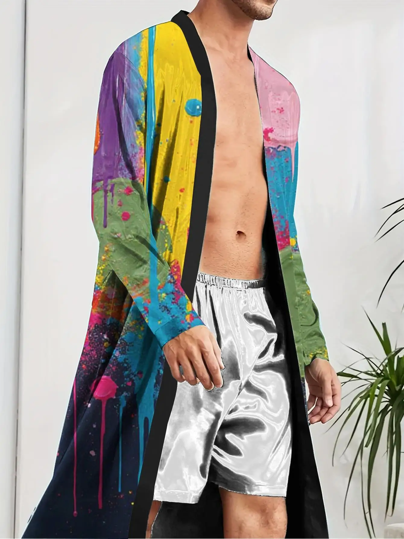 1pc Men's Robe Bathrobe - 3D Printed Belted Dressing Gown with Stand Collar, Loose Fit Hoodable Suitable for Seasons, Machine Wa