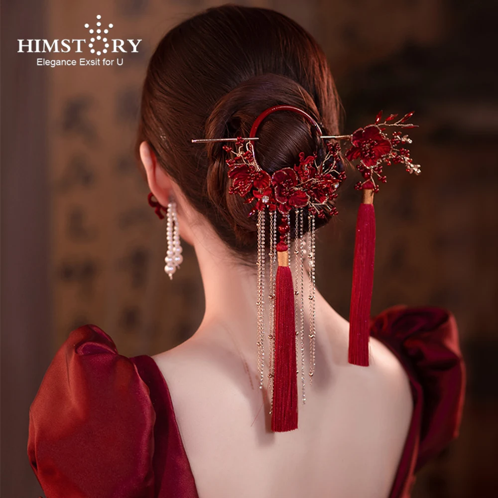 

HIMSTORY новый китайский головной убор невесты с кисточками, красное вечернее платье, аксессуары для волос, костюм Xiuhe, свадебный головной убор, ювелирные изделия