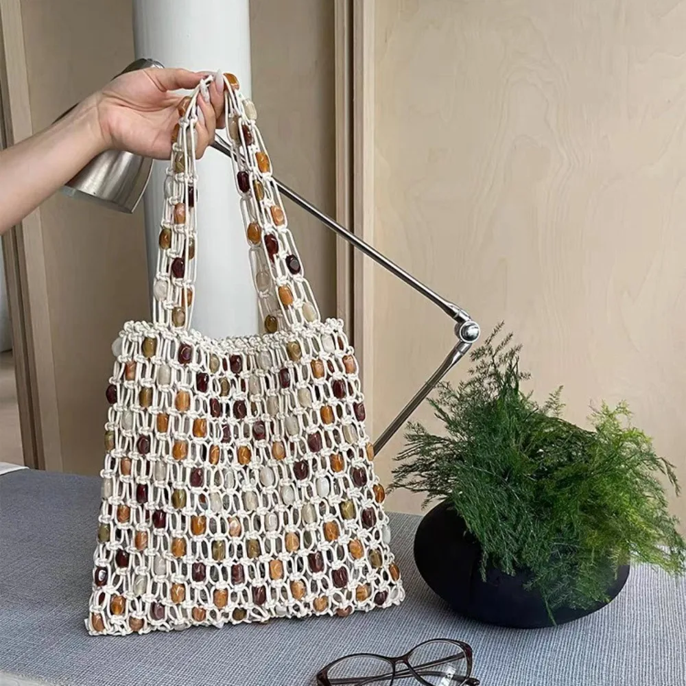 

Пляжная сумка с уникальным дизайном в литературном стиле, повседневная, с бисером, модная, с тканой текстурой, универсальная, с ажурным узором из деревянных бусин