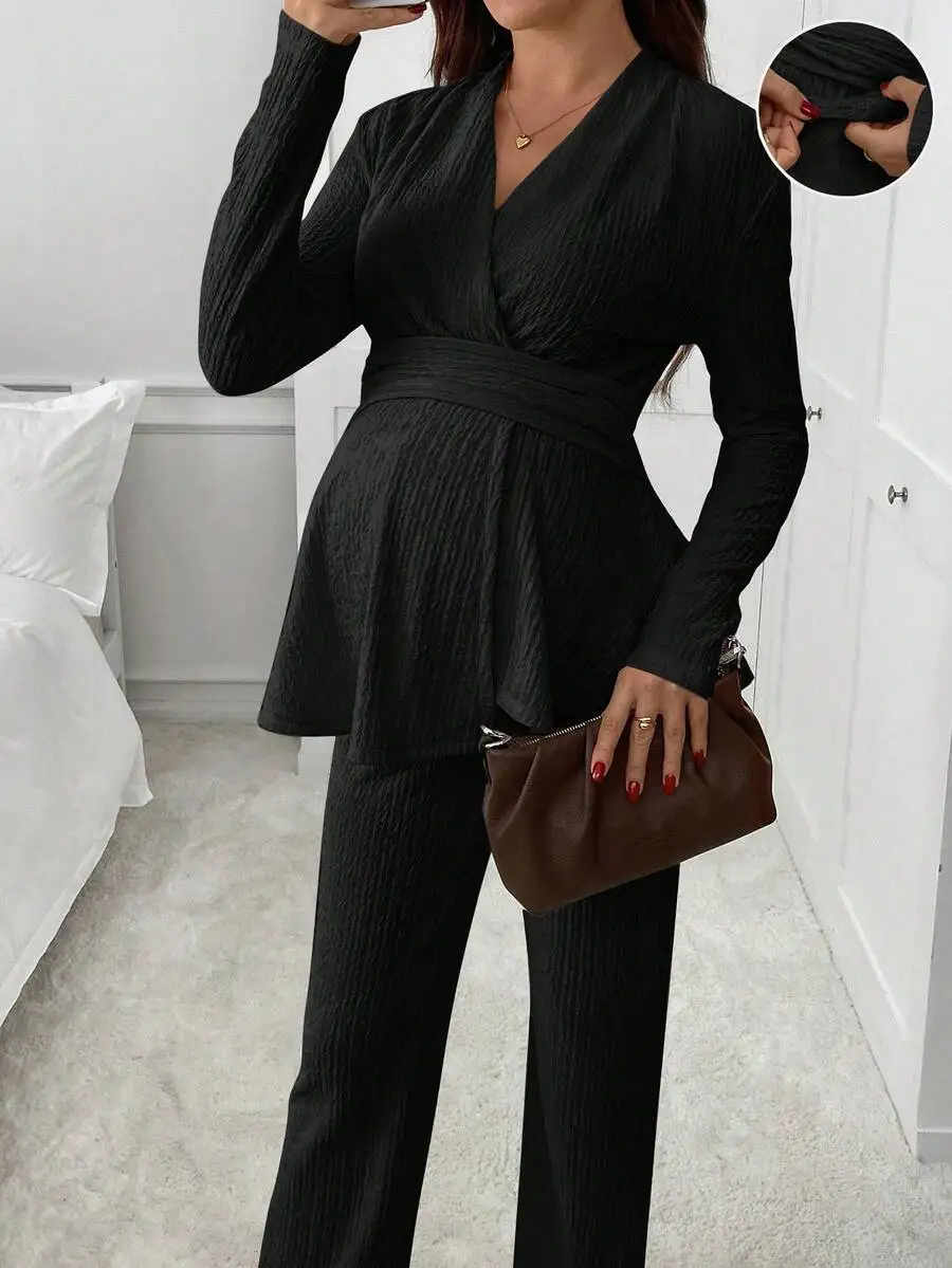 

Maternity Wrap Front Long Sleeve Top And Pants Set Black Two Piece Elegant Outfit