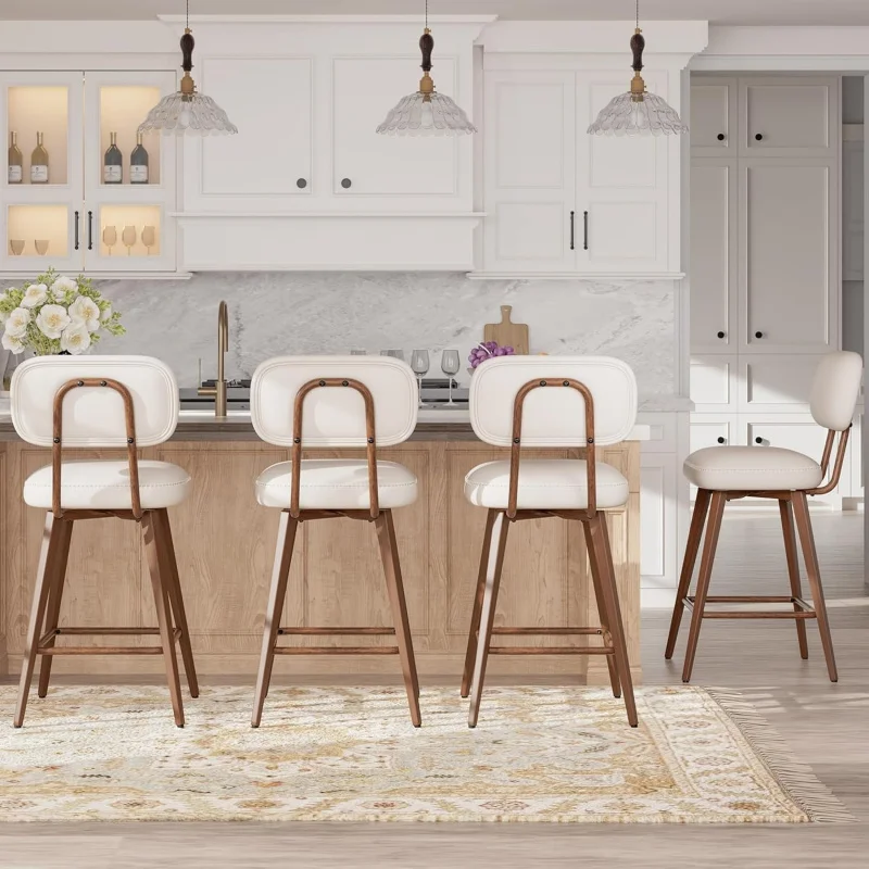

Set of 4 26 Swivel Bar Stools, Mid PU Leather, Low Back, Metal, Beige Counter Height Chairs Kitchen Island
