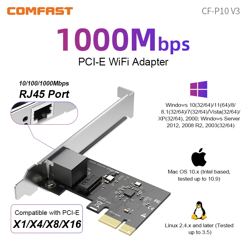 

Comfast PCI-E RJ45 Lan Adapter Converter Network Controller Card Dual Band 2.4G/5GHz 802.11AC For Desktop Windows/Linux/Mac OS