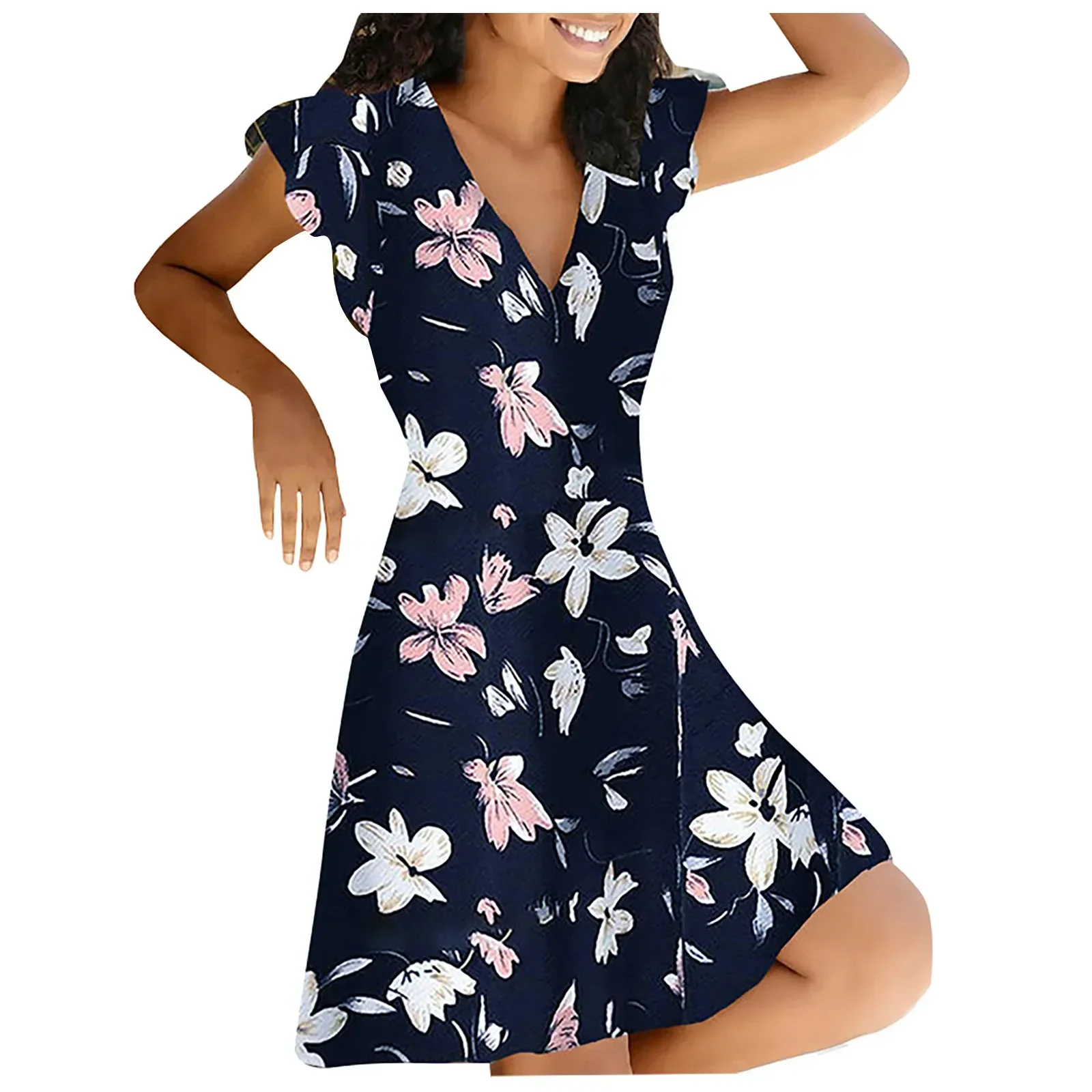 

Сексуальное летнее платье с коротким рукавом и V-образным вырезом, модное и свободное облегающее короткое платье с цветочным принтом